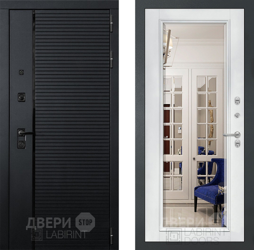 Входная металлическая Дверь Лабиринт (LABIRINT) Piano Зеркало Фацет с багетом Белый софт в Апрелевке
