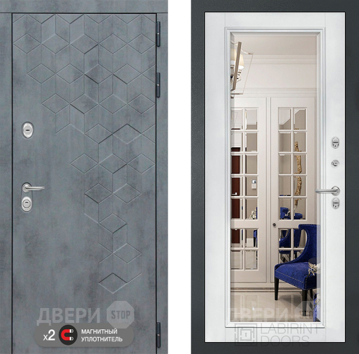 Входная металлическая Дверь Лабиринт (LABIRINT) Бетон Зеркало Фацет с багетом Белый софт в Апрелевке