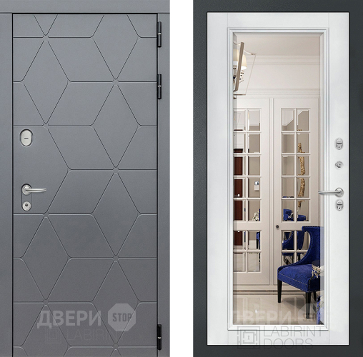 Дверь Лабиринт (LABIRINT) Cosmo Зеркало Фацет с багетом Белый софт в Апрелевке