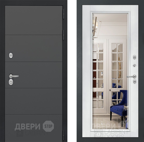 Дверь Лабиринт (LABIRINT) Art Зеркало Фацет с багетом Белый софт в Апрелевке