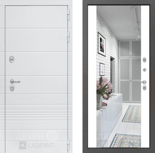 Входная металлическая Дверь Лабиринт (LABIRINT) Трендо Зеркало Максимум Белый софт в Апрелевке