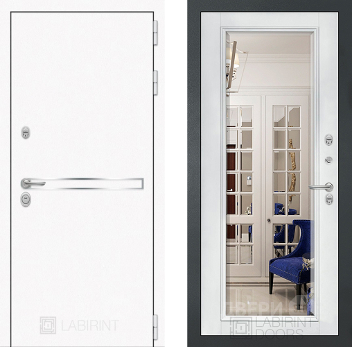Входная металлическая Дверь Лабиринт (LABIRINT) Лайн White Зеркало Фацет с багетом Белый софт в Апрелевке