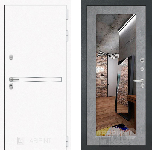 Входная металлическая Дверь Лабиринт (LABIRINT) Лайн White Зеркало 18 Бетон светлый в Апрелевке