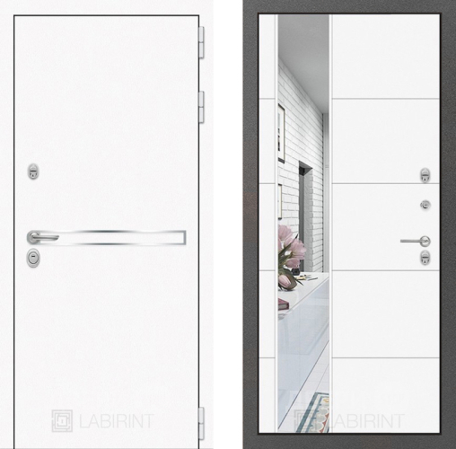 Входная металлическая Дверь Лабиринт (LABIRINT) Лайн White Зеркало 19 Белый софт в Апрелевке