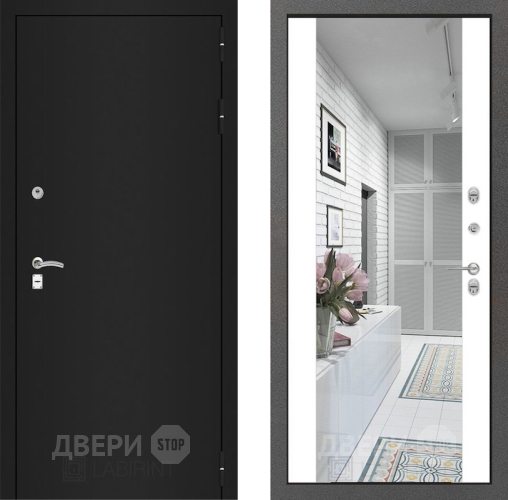 Дверь Лабиринт (LABIRINT) Classic шагрень черная Зеркало Максимум Белый софт в Апрелевке