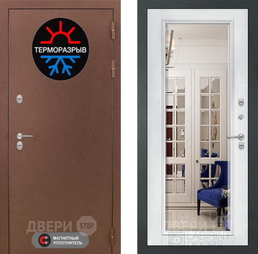 Входная металлическая Дверь Лабиринт (LABIRINT) Термо Магнит Зеркало Фацет с багетом Белый софт в Апрелевке