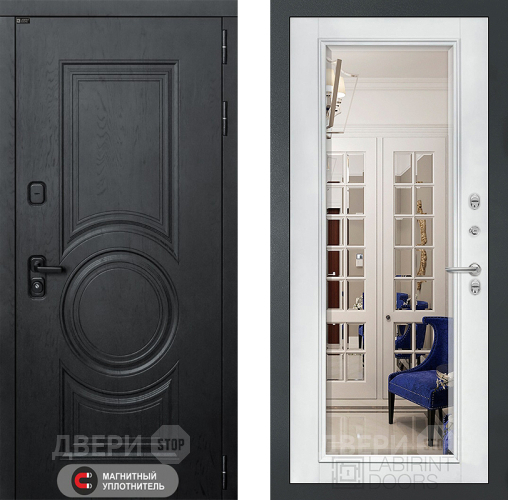 Входная металлическая Дверь Лабиринт (LABIRINT) Гранд Зеркало Фацет с багетом Белый софт в Апрелевке