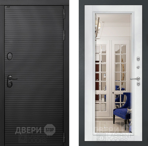 Входная металлическая Дверь Лабиринт (LABIRINT) Вулкано Зеркало Фацет с багетом Белый софт в Апрелевке