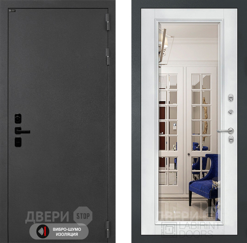 Входная металлическая Дверь Лабиринт (LABIRINT) Acustic Зеркало Фацет с багетом Белый софт в Апрелевке