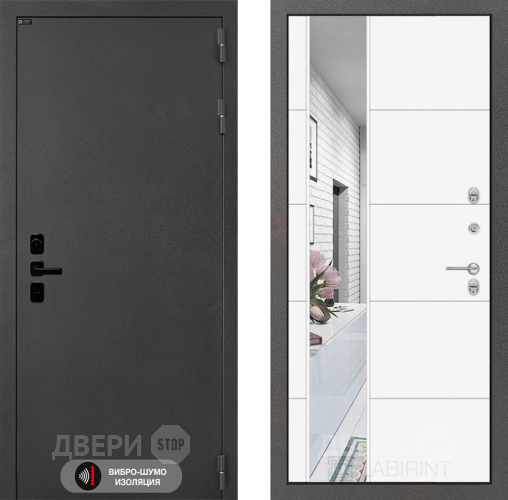 Входная металлическая Дверь Лабиринт (LABIRINT) Acustic Зеркало 19 Белый софт в Апрелевке